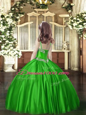 Top Selling Olive Green Ball Gowns Beading Pageant Dress for Girls Lace Up Satin Sleeveless Floor Length