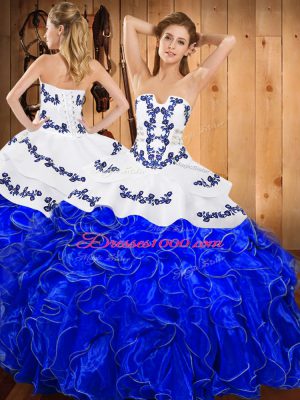 Blue And White Satin and Organza Lace Up Quinceanera Dress Sleeveless Floor Length Embroidery and Ruffles