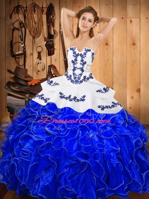 Blue And White Satin and Organza Lace Up Quinceanera Dress Sleeveless Floor Length Embroidery and Ruffles