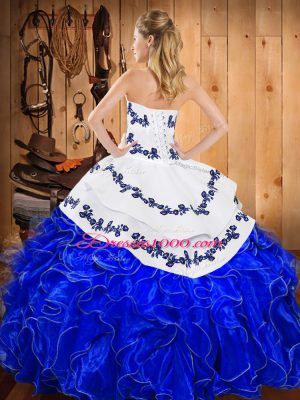 Blue And White Satin and Organza Lace Up Quinceanera Dress Sleeveless Floor Length Embroidery and Ruffles
