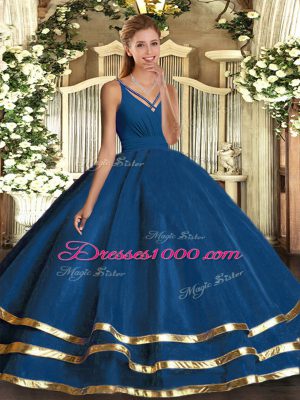 Hot Selling Sleeveless Tulle Floor Length Backless Sweet 16 Dress in Blue with Ruching