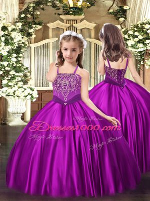 Adorable Fuchsia Little Girls Pageant Gowns Party and Quinceanera with Beading Straps Sleeveless Lace Up