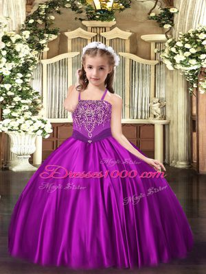 Adorable Fuchsia Little Girls Pageant Gowns Party and Quinceanera with Beading Straps Sleeveless Lace Up