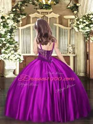 Adorable Fuchsia Little Girls Pageant Gowns Party and Quinceanera with Beading Straps Sleeveless Lace Up