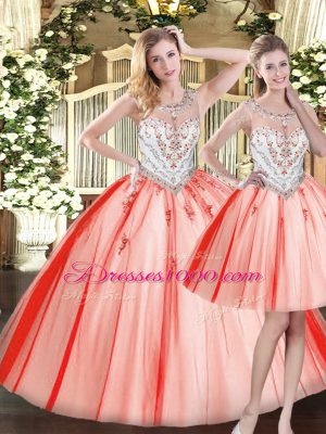 Floor Length Red Sweet 16 Quinceanera Dress Tulle Sleeveless Beading