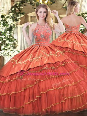 High Class Rust Red Ball Gowns Beading and Embroidery and Ruffles Quinceanera Dresses Zipper Satin and Organza Sleeveless Floor Length