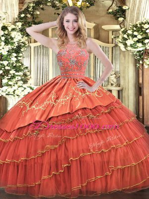 High Class Rust Red Ball Gowns Beading and Embroidery and Ruffles Quinceanera Dresses Zipper Satin and Organza Sleeveless Floor Length