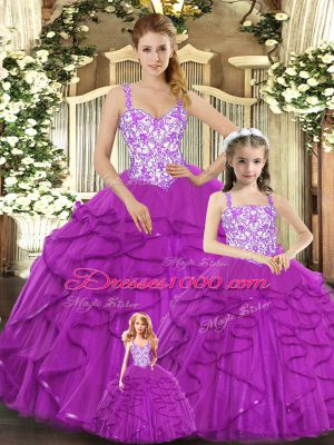 Cute Sleeveless Organza Floor Length Lace Up Sweet 16 Quinceanera Dress in Fuchsia with Beading and Ruffles