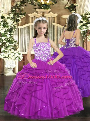 Cute Sleeveless Organza Floor Length Lace Up Sweet 16 Quinceanera Dress in Fuchsia with Beading and Ruffles