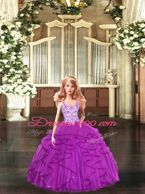 Cute Sleeveless Organza Floor Length Lace Up Sweet 16 Quinceanera Dress in Fuchsia with Beading and Ruffles