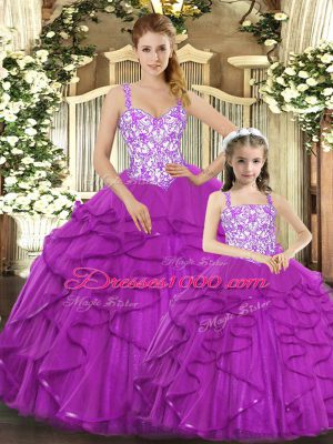 Cute Sleeveless Organza Floor Length Lace Up Sweet 16 Quinceanera Dress in Fuchsia with Beading and Ruffles