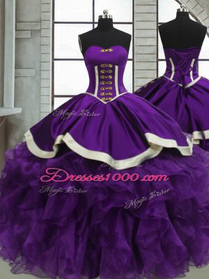 Purple Ball Gowns Beading and Ruffles Quinceanera Dresses Lace Up Satin and Organza Sleeveless Floor Length