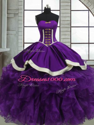 Purple Ball Gowns Beading and Ruffles Quinceanera Dresses Lace Up Satin and Organza Sleeveless Floor Length