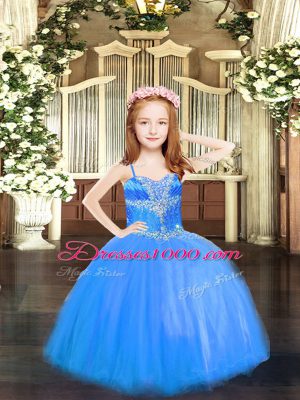Spaghetti Straps Sleeveless Lace Up Pageant Gowns For Girls Blue Tulle