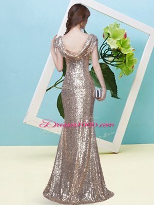 Champagne Scoop Zipper Sequins Prom Party Dress Cap Sleeves