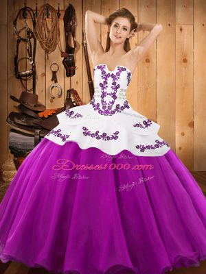On Sale Embroidery Ball Gown Prom Dress Fuchsia Lace Up Sleeveless Floor Length