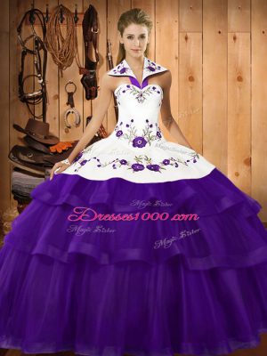 Purple Quinceanera Dress Halter Top Sleeveless Sweep Train Lace Up