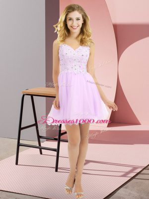 Mini Length Lilac Bridesmaid Gown V-neck Sleeveless Side Zipper