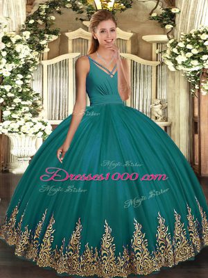 Popular Turquoise V-neck Backless Appliques Quinceanera Gowns Sleeveless