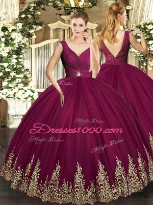 Burgundy Backless Quinceanera Gown Beading and Appliques and Ruching Sleeveless Floor Length
