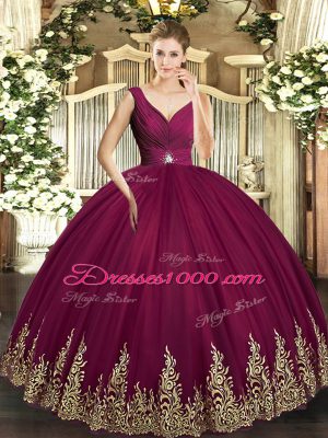Burgundy Backless Quinceanera Gown Beading and Appliques and Ruching Sleeveless Floor Length
