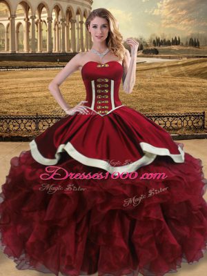 Sexy Sweetheart Sleeveless 15 Quinceanera Dress Floor Length Beading and Ruffles Wine Red Organza