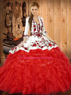 Sweetheart Sleeveless Tulle Quinceanera Dresses Embroidery and Ruffles Lace Up