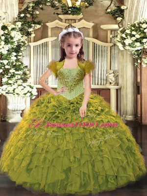 Stylish Olive Green Organza Lace Up Pageant Gowns Sleeveless Floor Length Beading and Ruffles