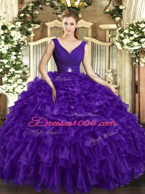 Purple Ball Gowns V-neck Sleeveless Organza Floor Length Backless Beading and Ruffles Quinceanera Gowns