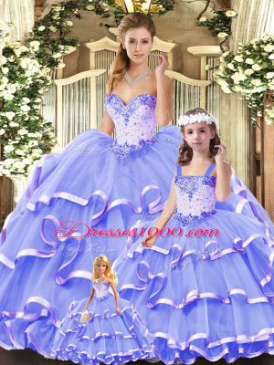Traditional Floor Length Lavender Ball Gown Prom Dress Tulle Sleeveless Beading and Ruffled Layers