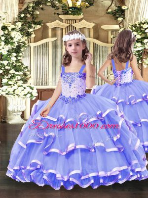 Traditional Floor Length Lavender Ball Gown Prom Dress Tulle Sleeveless Beading and Ruffled Layers