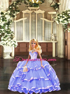 Traditional Floor Length Lavender Ball Gown Prom Dress Tulle Sleeveless Beading and Ruffled Layers