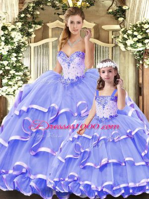 Traditional Floor Length Lavender Ball Gown Prom Dress Tulle Sleeveless Beading and Ruffled Layers