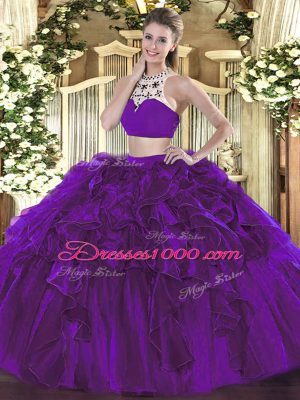Floor Length Backless Quinceanera Gown Eggplant Purple for Military Ball and Sweet 16 and Quinceanera with Beading and Ruffles