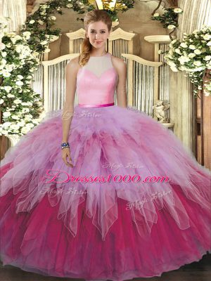 Fashion Tulle Sleeveless Floor Length Quinceanera Gown and Beading and Ruffles