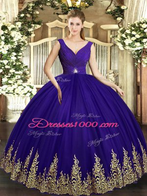 Floor Length Purple Quince Ball Gowns V-neck Sleeveless Backless