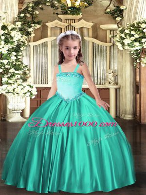 Fashionable Turquoise Ball Gowns Appliques Little Girls Pageant Gowns Lace Up Satin Sleeveless Floor Length