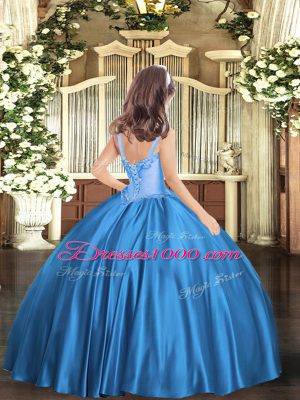 Fashionable Turquoise Ball Gowns Appliques Little Girls Pageant Gowns Lace Up Satin Sleeveless Floor Length