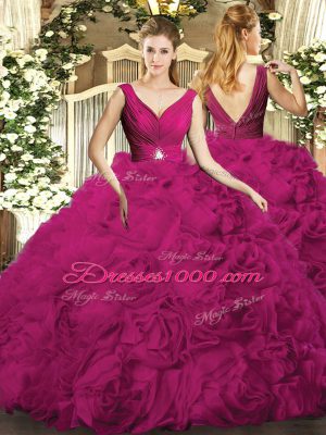 Fuchsia Backless 15th Birthday Dress Beading Sleeveless Floor Length
