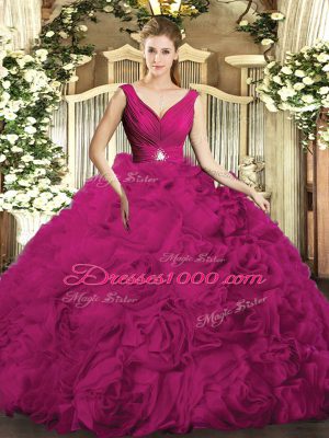 Fuchsia Backless 15th Birthday Dress Beading Sleeveless Floor Length