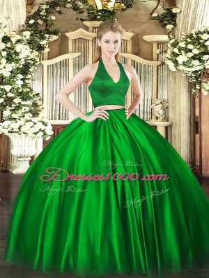 Halter Top Sleeveless Zipper Quinceanera Dress Green Satin