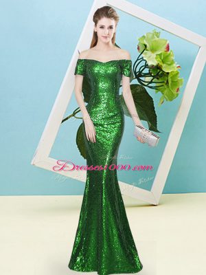 Green Short Sleeves Floor Length Sequins Zipper Prom Party Dress