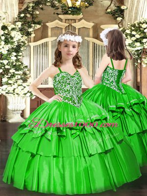 Sleeveless Floor Length Beading and Ruffled Layers Lace Up Kids Formal Wear with Green