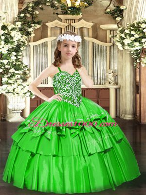 Sleeveless Floor Length Beading and Ruffled Layers Lace Up Kids Formal Wear with Green