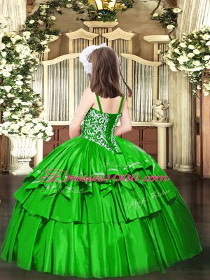 Sleeveless Floor Length Beading and Ruffled Layers Lace Up Kids Formal Wear with Green