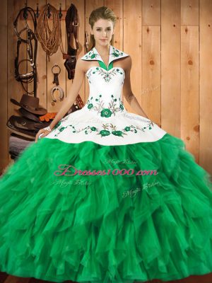 Sleeveless Floor Length Embroidery and Ruffles Lace Up Sweet 16 Quinceanera Dress with Green