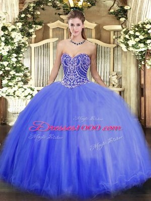 Blue Lace Up Vestidos de Quinceanera Beading Sleeveless Floor Length