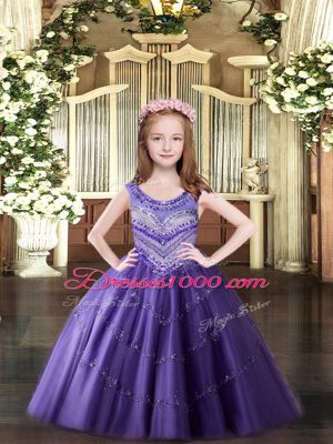 Lavender Sleeveless Tulle Lace Up Girls Pageant Dresses for Party and Quinceanera