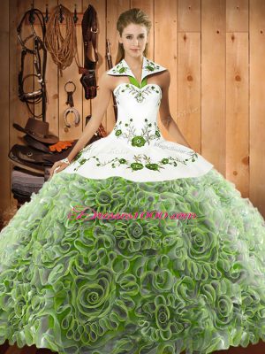 Fabric With Rolling Flowers Halter Top Sleeveless Sweep Train Lace Up Embroidery 15 Quinceanera Dress in Multi-color