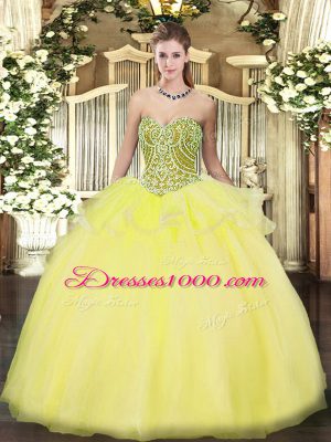 Gorgeous Yellow Tulle Lace Up 15 Quinceanera Dress Sleeveless Floor Length Beading and Ruffles